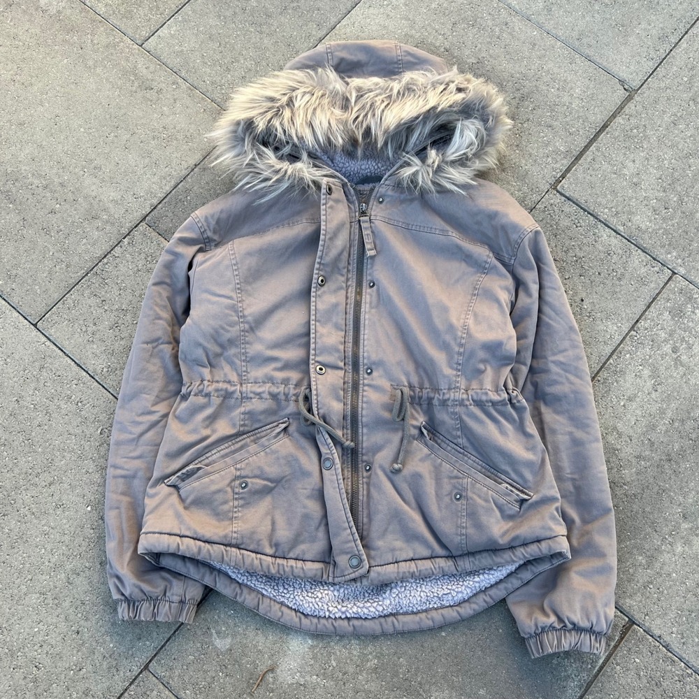 Hollister Heritage Collection Sherpa Lined Faux Fur Hood Parka Jacket Taupe L